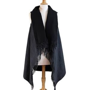 Talbots Blue Black Plaid Long Wrap Vest with Draped Open Front, Fringe, M/L